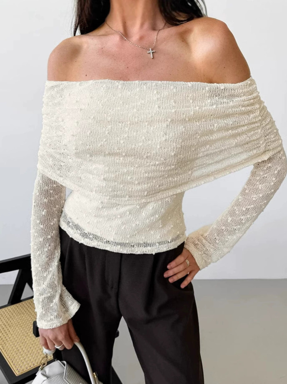 Forever 21 Apricot Off Shoulder Lace Knit Crop Top Spring Summer